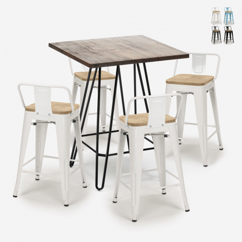 set 4 stools industrial coffee table 60x60cm mason noix steel top light Promotion