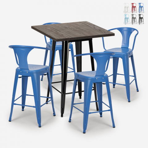 Set of 4 stools tolix metal high table wood 60x60cm Bruck Black Promotion