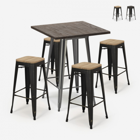High bar table set 60x60cm 4 tolix stools industrial wood Bent Promotion