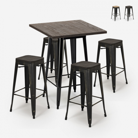 Bar set 4 tolix stools wood industrial high table 60x60cm Bent Black Promotion