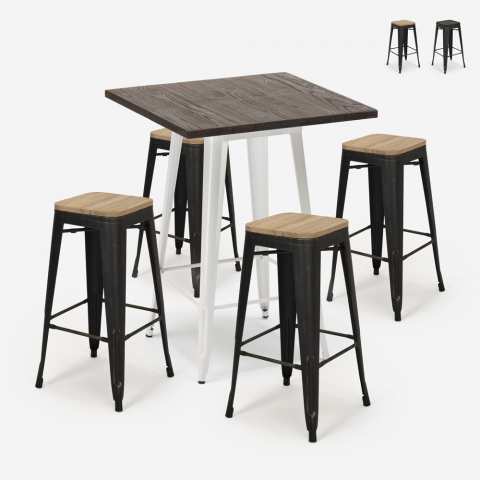 industrial bar set 4 Lix wood stools high table 60x60cm bent white Promotion
