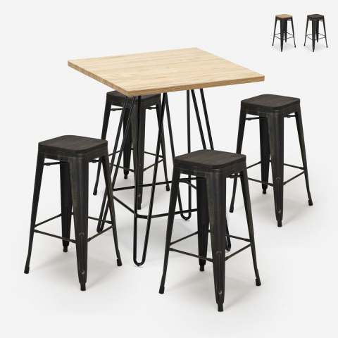 set bar kitchen 4 stools Lix wood high table industrial 60x60cm oudin Promotion
