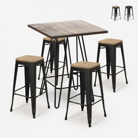 industrial coffee table set 60x60cm 4 Lix stools wood metal oudin noix Promotion