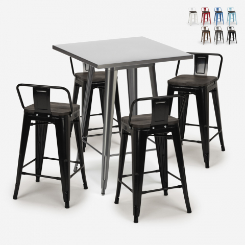 kitchen bar set high metal table 60x60cm 4 stools wood buch Promotion