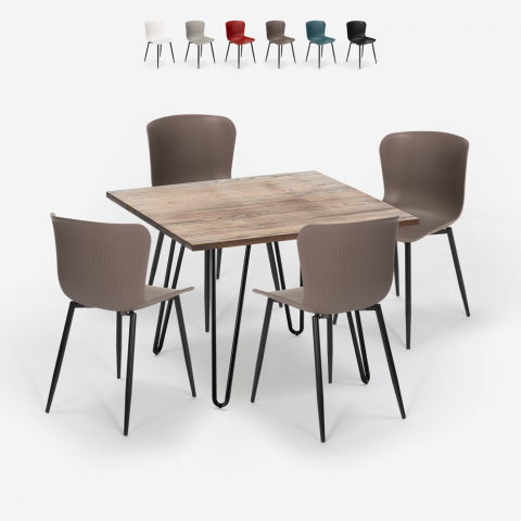 Square table set 80x80cm 4 chairs wood metal industrial style Claw Promotion