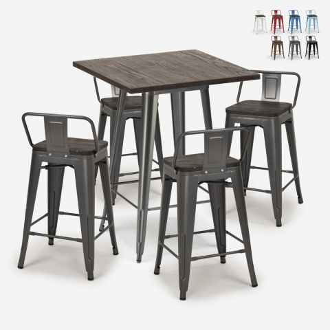 industrial bar set 4 stools coffee table 60x60cm wood metal peaky Promotion