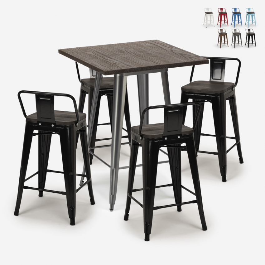 industrial bar set 4 stools coffee table 60x60cm wood metal peaky Catalog