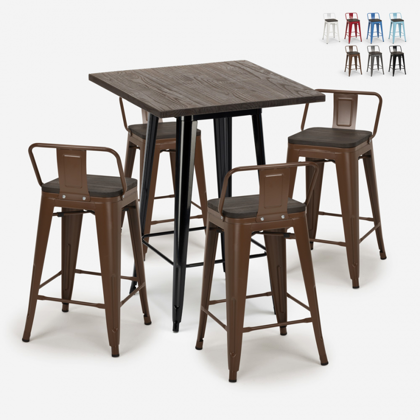 set of 4 stools industrial coffee table 60x60cm wood metal peaky black Catalog