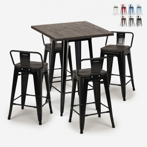 Set of 4 tolix stools industrial coffee table 60x60cm wood metal Peaky Black Promotion