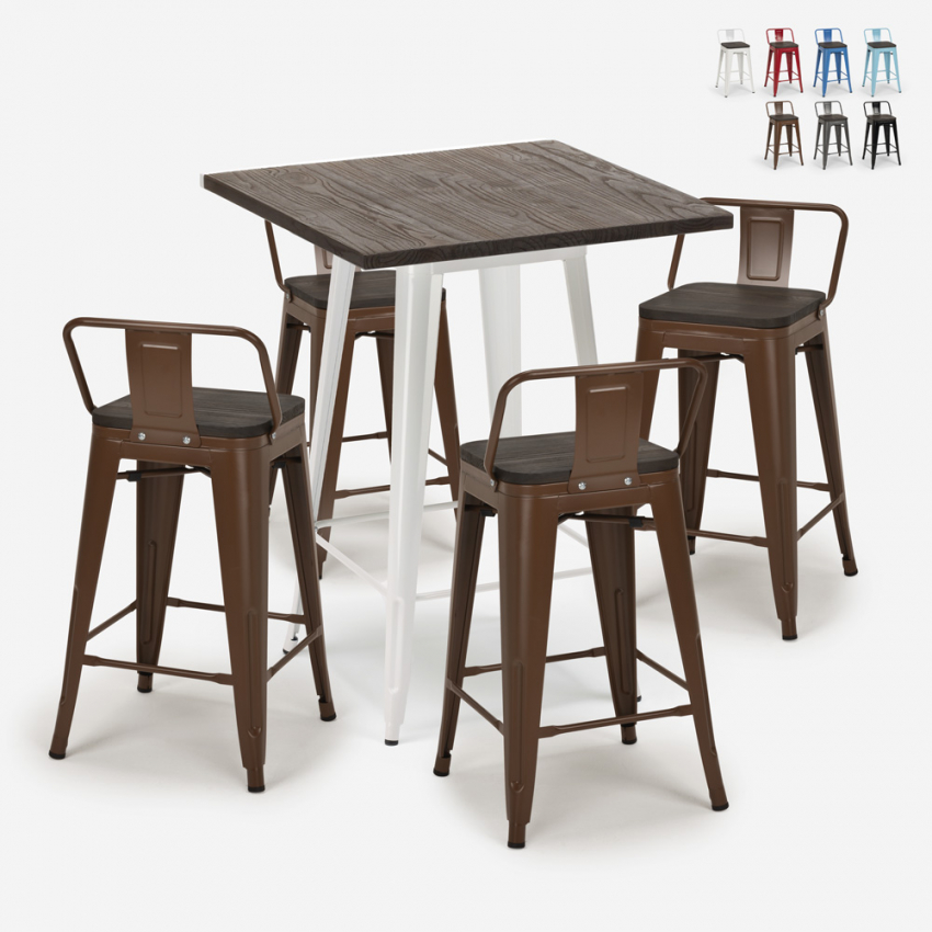 Set of 4 Industrial Wood and Metal Stools with 60x60cm Table, Peaky White Discounts