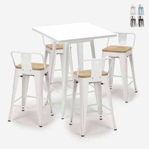 bar set 4 industrial stools coffee table 60x60cm white bucket steel white Promotion