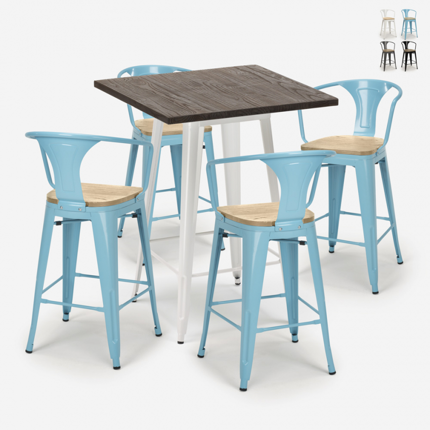high bar table set kitchen 60x60cm 4 stools bruck white top light On Sale