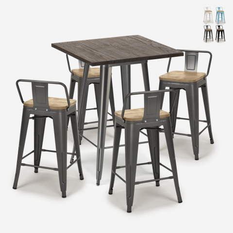 industrial set 4 stools bar table 60x60cm wood metal rough Promotion
