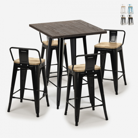 set of 4 stools industrial bar table 60x60cm wood metal rough black Promotion