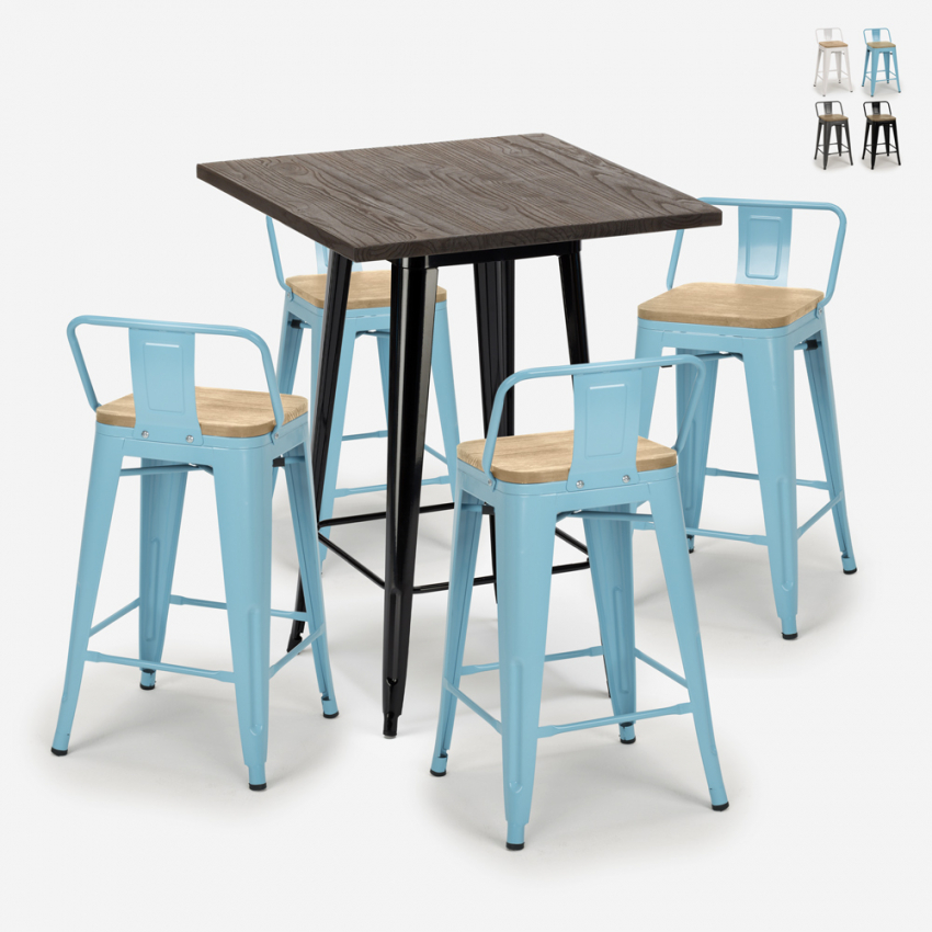 set of 4 stools industrial bar table 60x60cm wood metal rough black On Sale