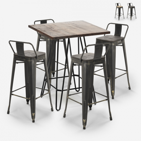 High bar table set 60x60cm industrial 4 stools tolix vintage Rhodes Noix Promotion