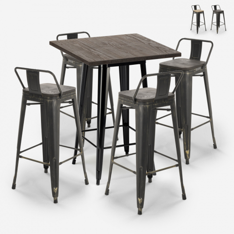 Set of 4 Vintage Axel Black Metal Wood Bar Stools with High Table 60x60cm Promotion