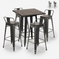 Set of 4 Vintage Axel Black Metal Wood Bar Stools with High Table 60x60cm Promotion