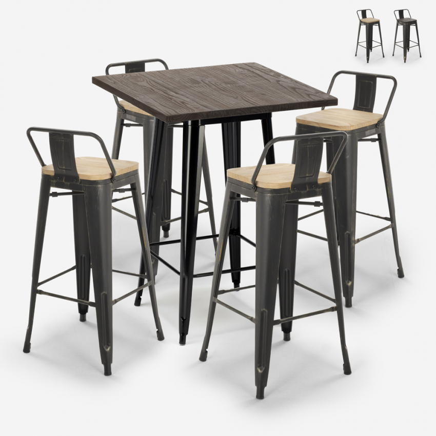 Set of 4 Vintage Axel Black Metal Wood Bar Stools with High Table 60x60cm On Sale