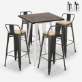 High Bar Table and Stool Set, Wood and Metal, 60x60cm, 4 Vintage Stools, Axel White Promotion
