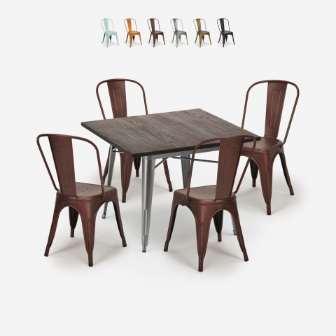industrial dining table set 80x80cm 4 chairs vintage design burton Promotion