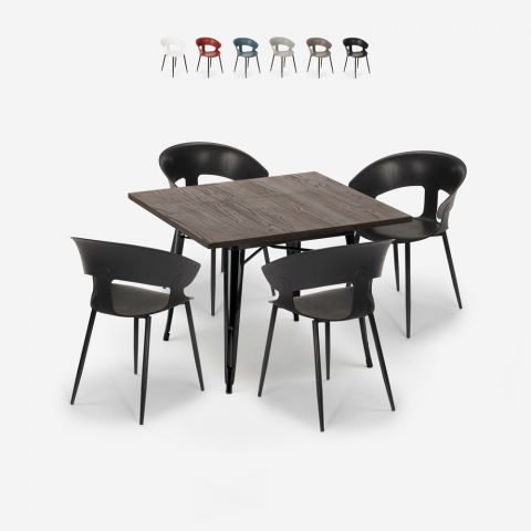Set 4 chairs design square table 80x80cm tolix industrial Reeve Black Promotion