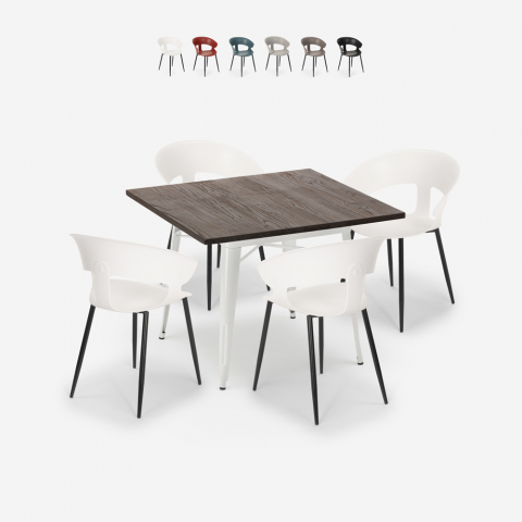 Dining table set 80x80cm wood metal 4 chairs design Reeve White Promotion