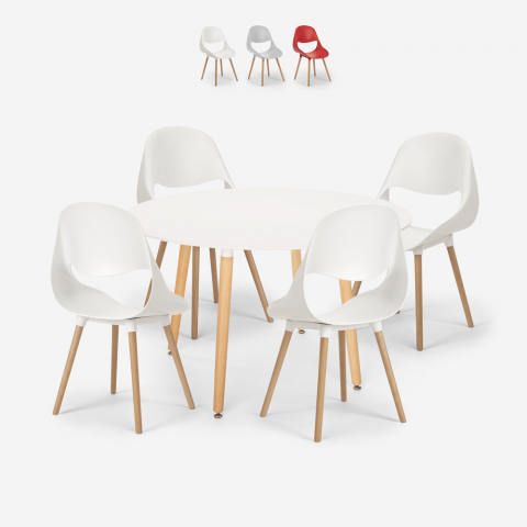 Set white round table 100cm Scandinavian design 4 chairs Midlan Light Promotion