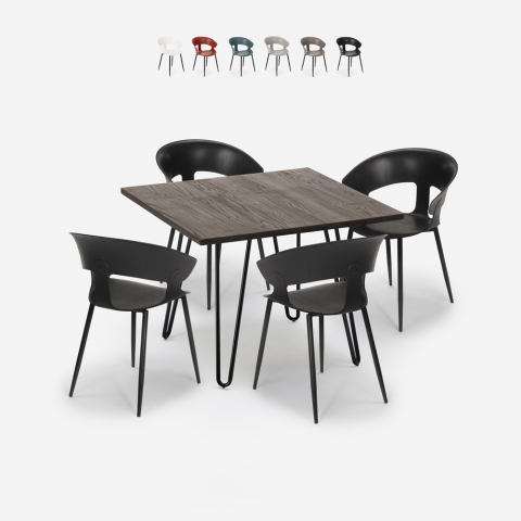 Set 4 chairs modern design table 80x80cm industrial restaurant kitchen Maeve Dark Promotion