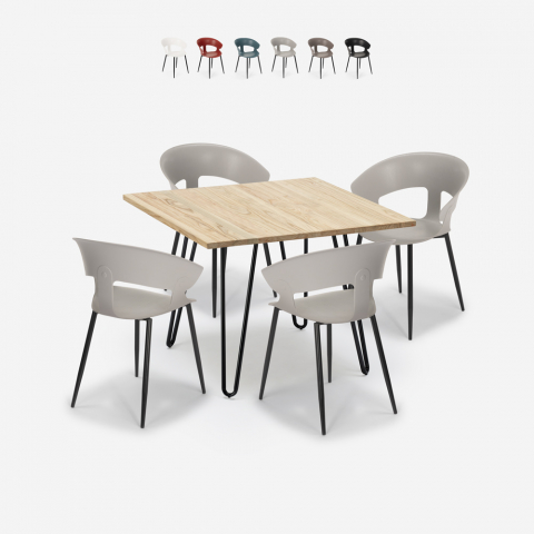 Industrial kitchen table set 80x80cm 4 modern design chairs Maeve Light Promotion