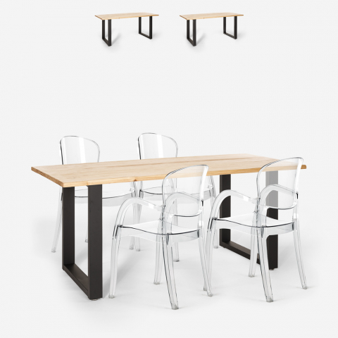 Dining table set 160x80cm wood metal 4 chairs transparent Jaipur M Promotion