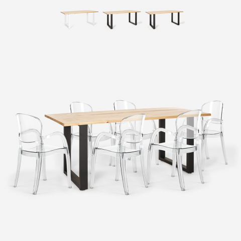 Set 6 chairs transparent polycarbonate table 180x80cm industrial Jaipur L Promotion