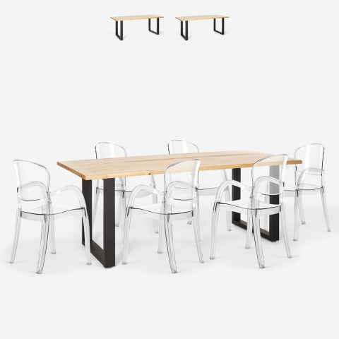Table set 200x80cm iron legs 6 transparent chairs design Jaipur XL Promotion