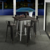 High Bar Table and Stool Set, Wood and Metal, 60x60cm, 4 Vintage Stools, Axel White Offers