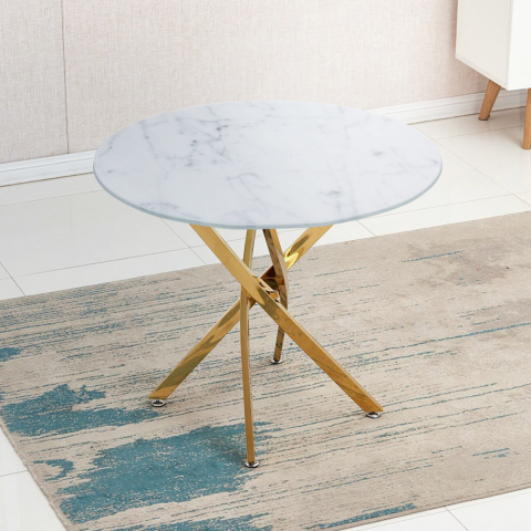 Living room round table 100cm glass marble effect golden legs Aurum Promotion