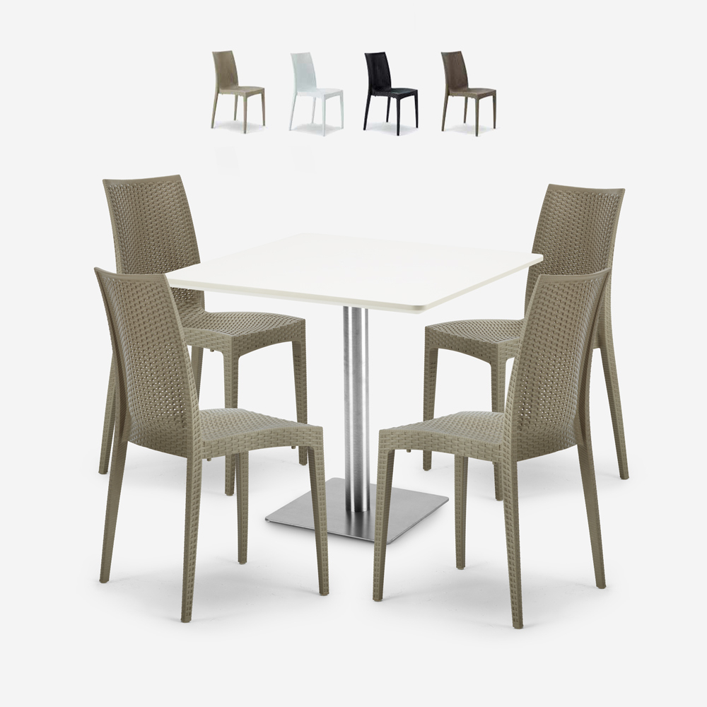 Horeca Patio Set: 90x90cm White Table with 4 Stackable Poly Rattan Chairs Barrett White