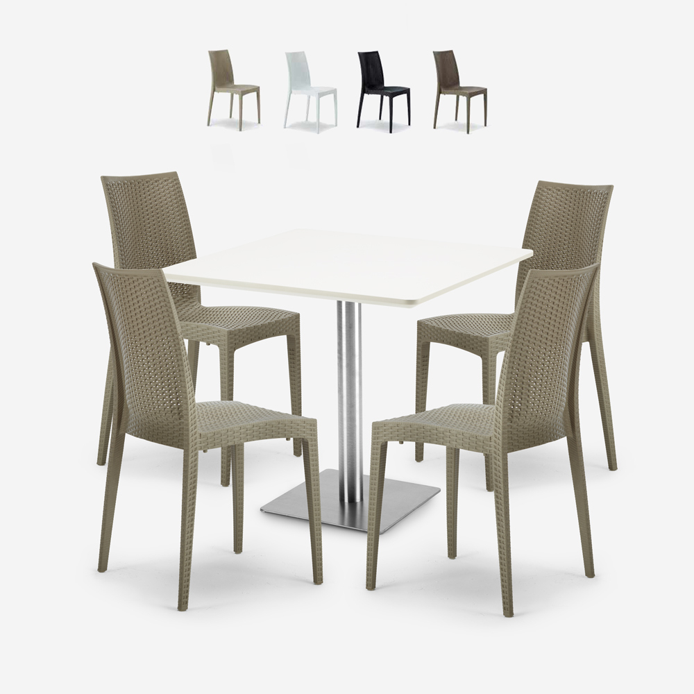 Horeca white 90x90cm coffee table set 4 stackable poly rattan chairs Barrett White
