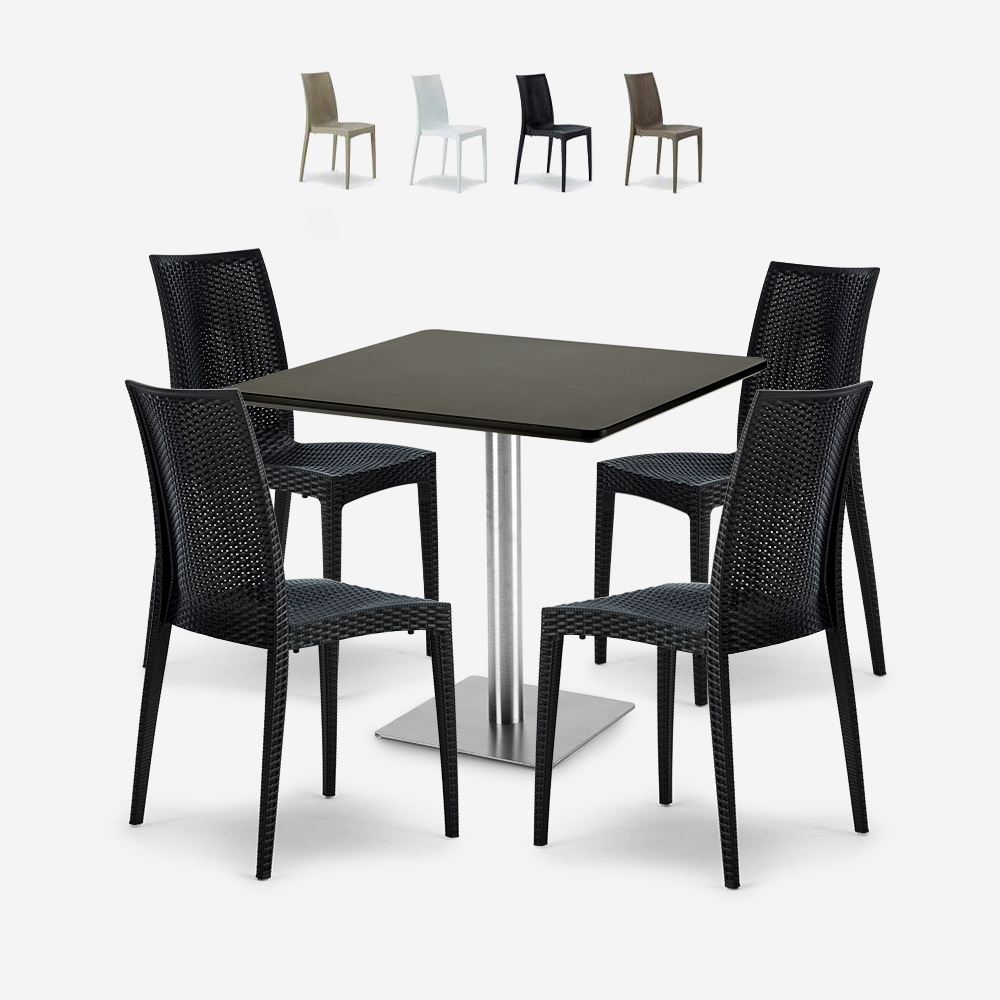 Set of 4 poly rattan chairs bar restaurant coffee table 90x90cm Barrett Black