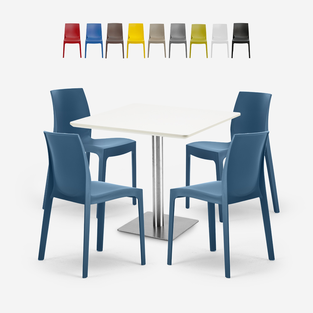 Set of 4 White Polypropylene Chairs with 90x90cm Table for Bar and Restaurant - Jasper White