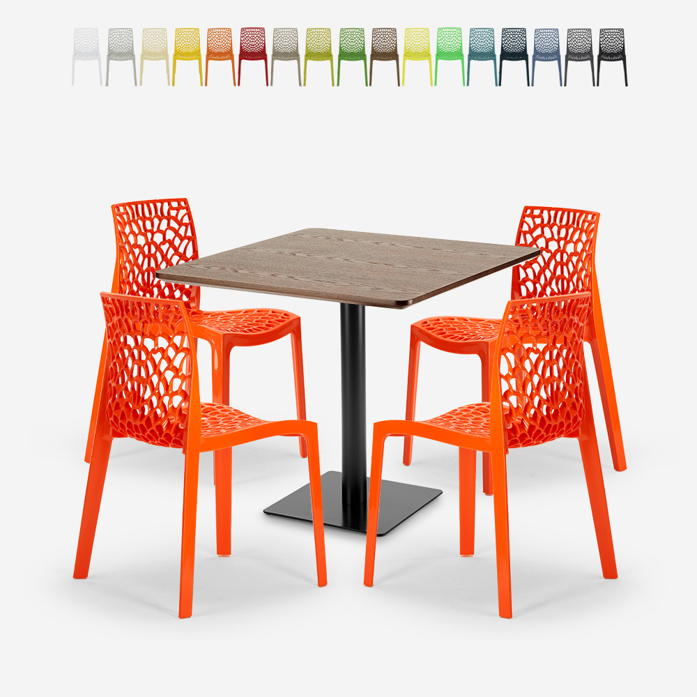 Set coffee table wood metal Horeca 90x90cm 4 chairs design stackable Dustin