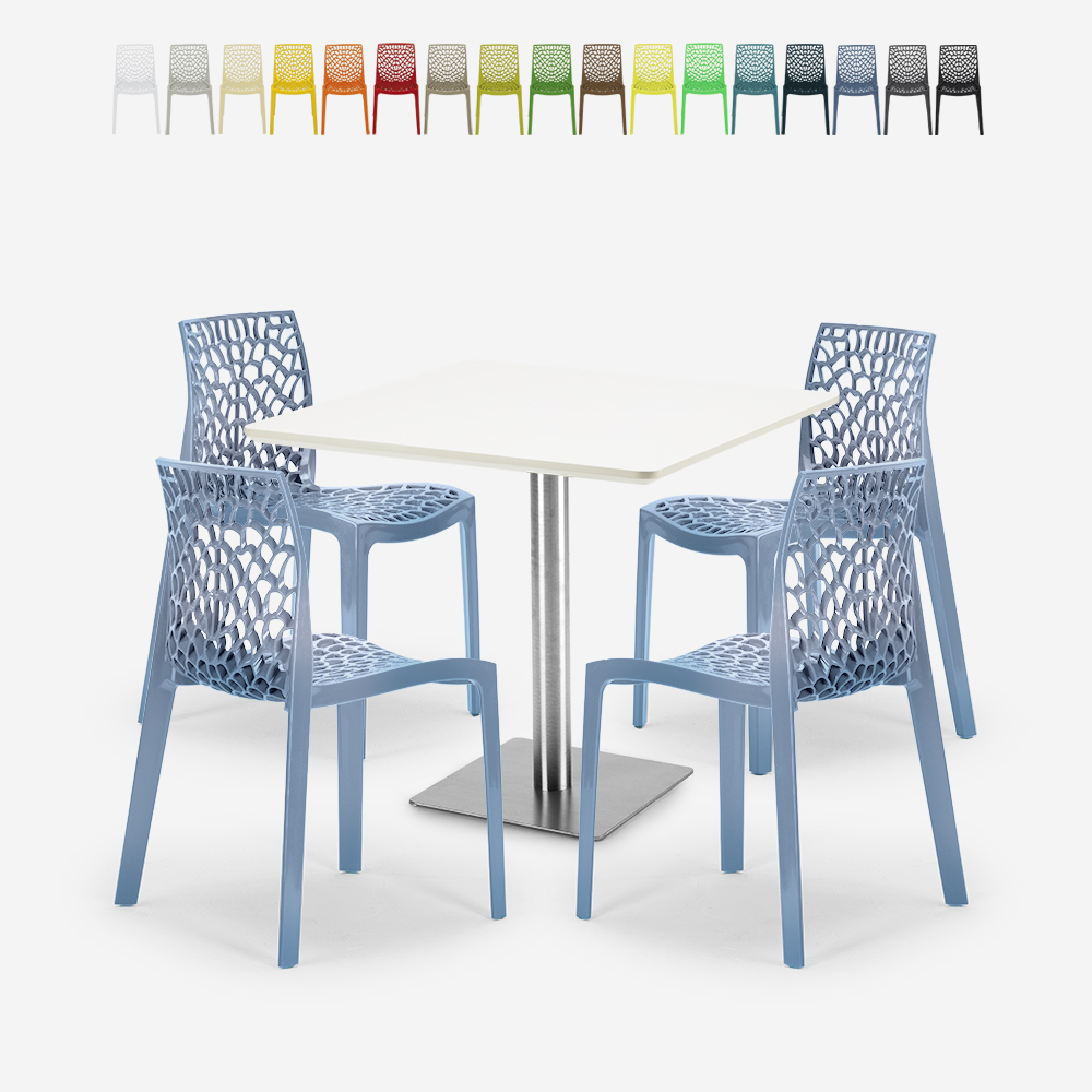 Set of 4 stackable polypropylene chairs Dustin White table 90x90cm