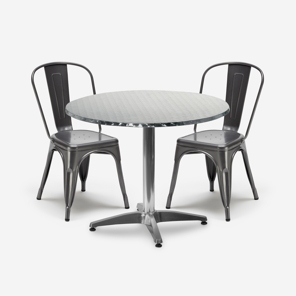 set 2 chairs steel industrial design round table 70cm factotum
