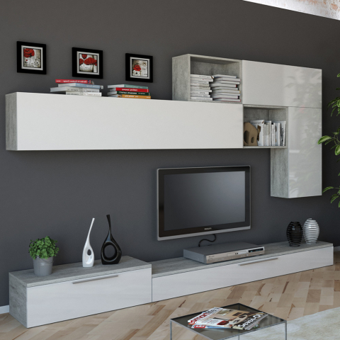 Wall system for living room modern design gray and white lacquered Beverly
