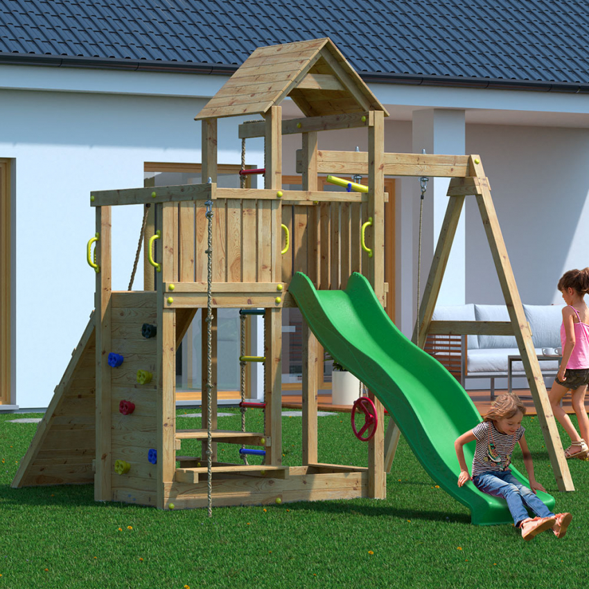 Children's Wooden Outdoor Playset with Slide, Swing, Climbing - Activer Promotion