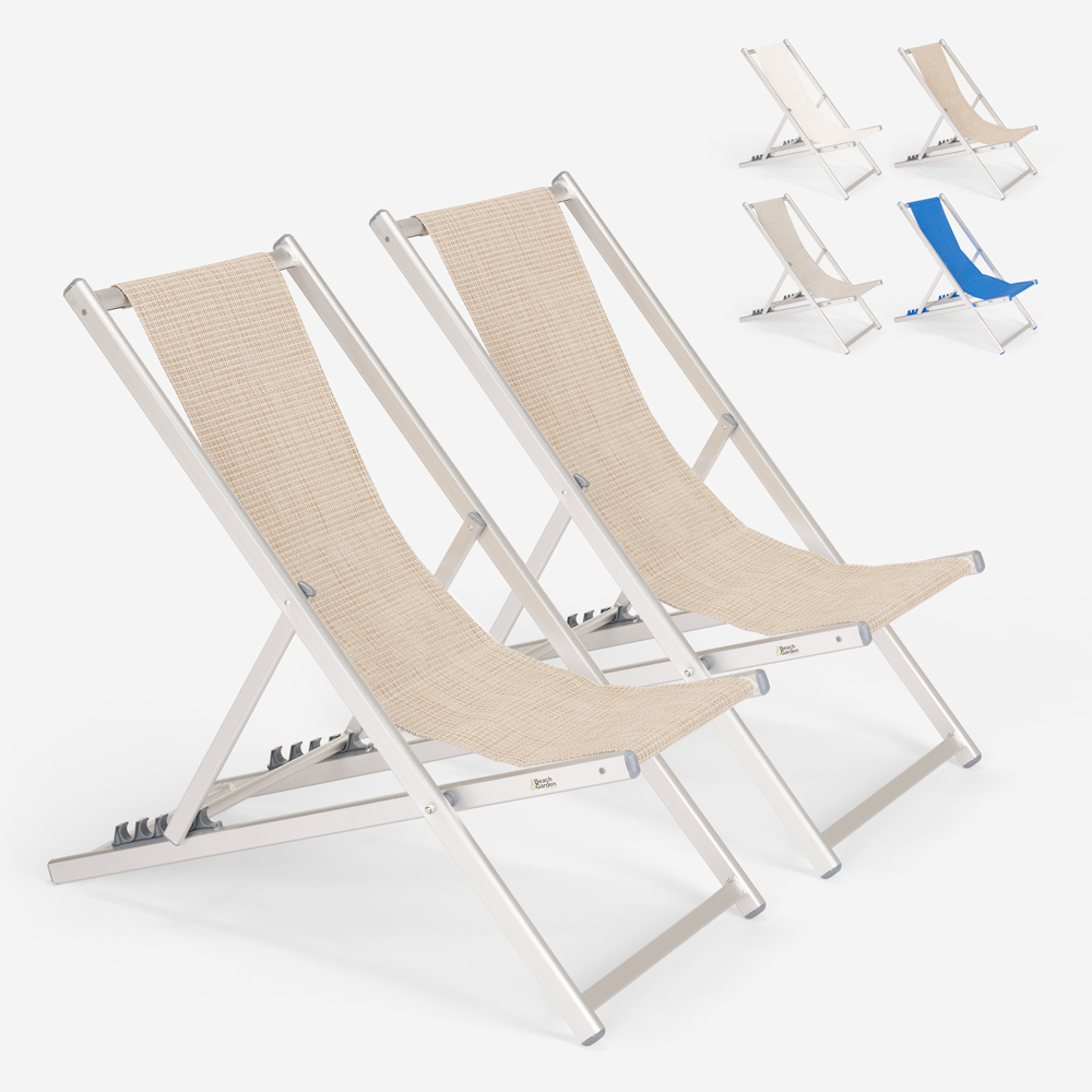 2 Adjustable Folding Aluminium Beach Deck Chairs Riccione Gold