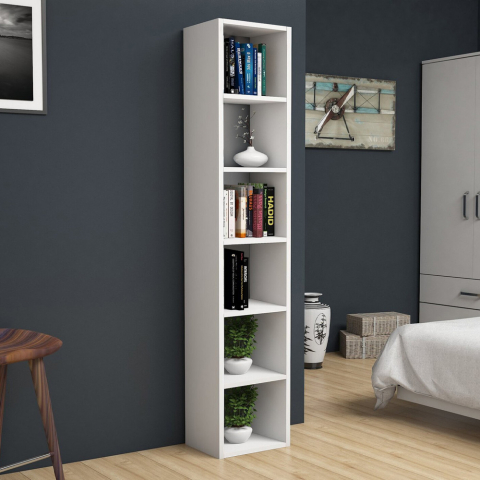 Tall Narrow White Wood Booksheld with 6 Shelves Tower Promotion