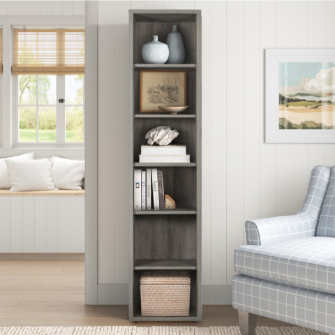 Grey Modular Narrow Bookcase with 6 Shelves for Office Home Slim Promotion