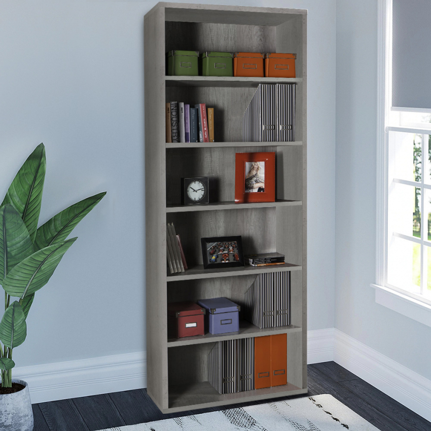 Modern Design Grey Tall Bookcase with 6 Shelves and Cement Effect for Study Office Empire State Promotion