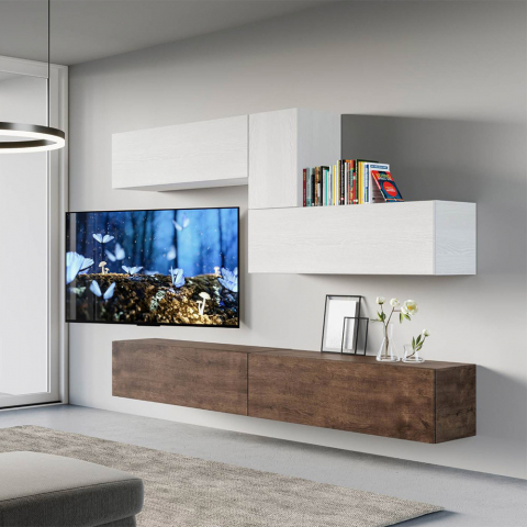 Suspended TV stand white wood modern living room A04 Promotion