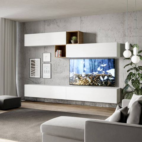 Suspended living room wall system TV stand 4 wall units wood white A110 Promotion